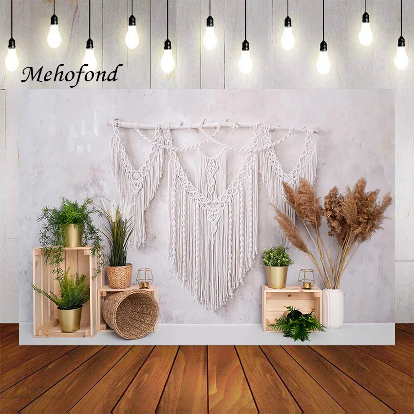 

Mehofond Photography Background Boho Pampas Grass Green Leaves Girls Birthday Cake Smash Portrait Decor Photo Backdrop Studio