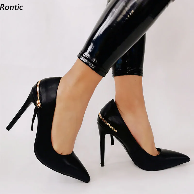 

Rontic Handmade Women Pumps Faux Leather Decration Zipper Stiletto Heels Pointed Toe Elegant Black Party Shoes US Size 5-15