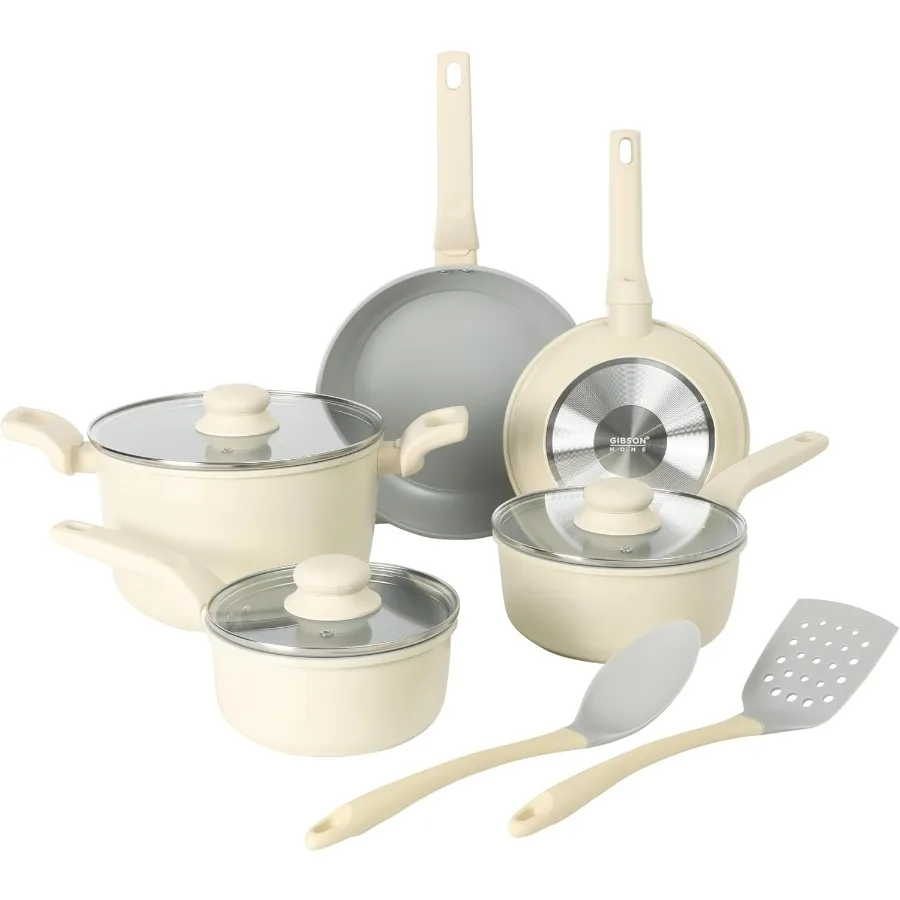 

Barnsdall 10-компонентные керамические кастрюли и сковородки премиум-класса без PFA с антипригарным покрытием, алюминиевый индукционный набор посуды с кухонными инструментами для дома