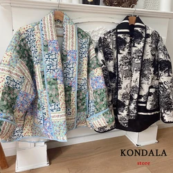 KONDALA Vintage Flower Print Oversized Jackets Women Long Sleeve V Neck Pockets Coats Fashion 2023 Autumn Winter Thick Outwears