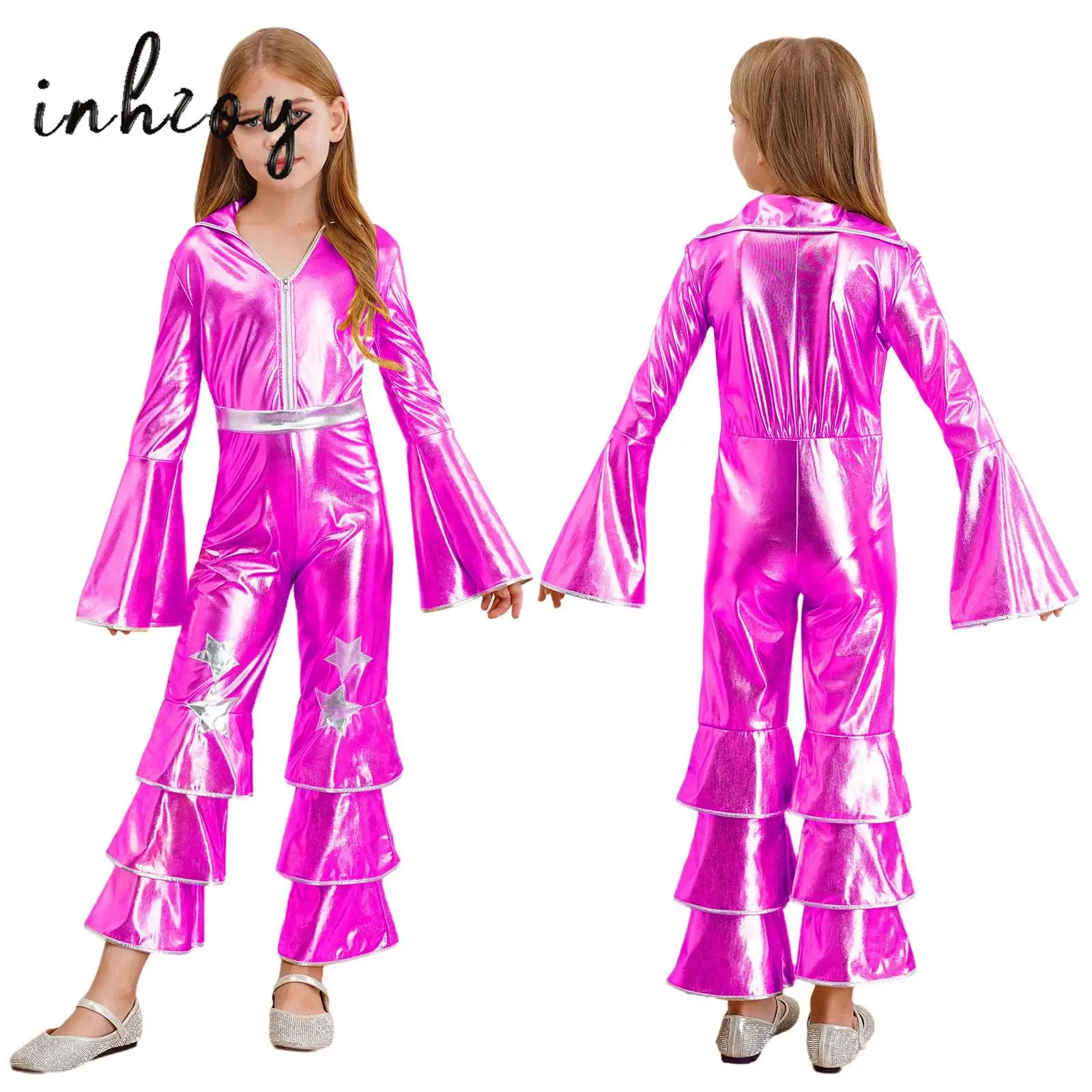 

Kids Girls Shiny Metallic Hippie Costume 60s 70s Ruffle Bell Bottom Jumpsuit Long Flare Sleeve Full Bodysuit Latin Jazz Outfits