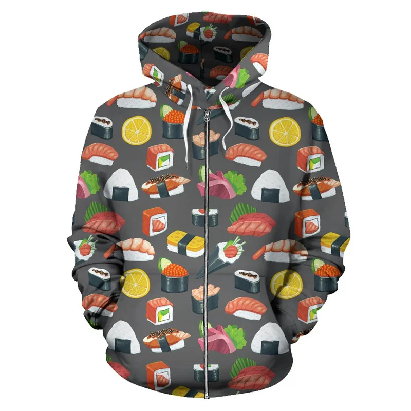 Nice Sushi 3D Printing Zip Up Hoodies Nigiri-zushi Graphic Zipper Sweatshirts Women Vintage Hooded Hoody Unisex Funny Clothing