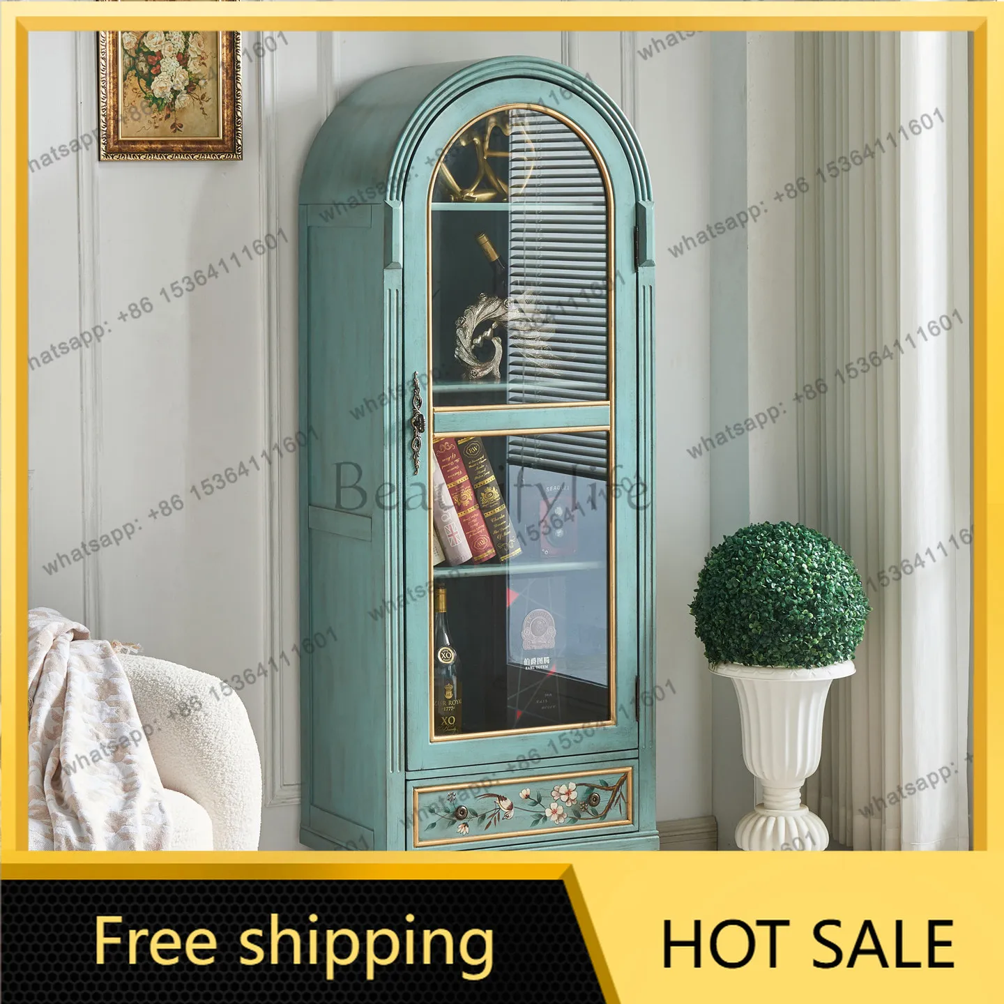 XX. American solid wood retro painted living room display cabinet with glass door