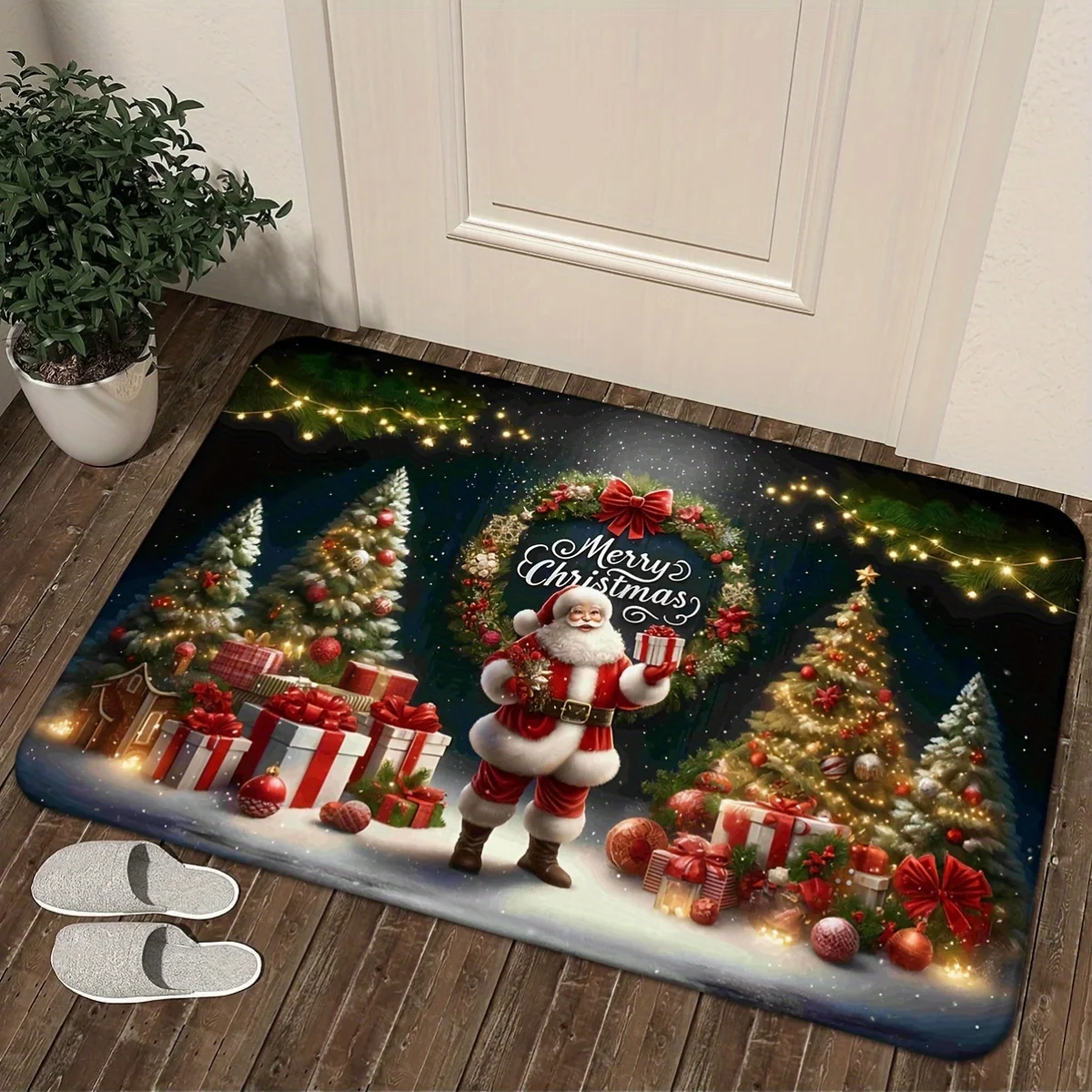 

Flannel Christmas Door Mat, Non-Slip, Rectangular, for Entryway, Kitchen, Living Room, Laundry Room, Outdoor Use, Holiday Decor