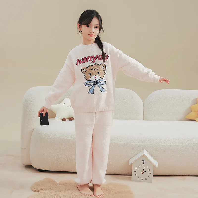 2024 Winter Autumn Winter Children Girl Coral Fleece Home Clothing Junior Girl Cartoon Bear Thick Warm Soft Flannel Pajama Sets