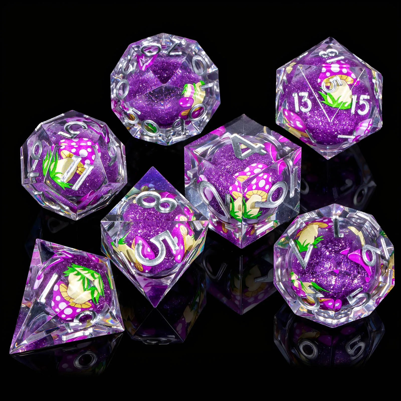 النرد الأساسي السائل للفطر، 7 قطع من مجموعة نرد الراتنج ذات الحافة الحادة DND للزنزانة والتنين، لعب الأدوار D&D D20 D12 D10 D8 D6 D4 #3