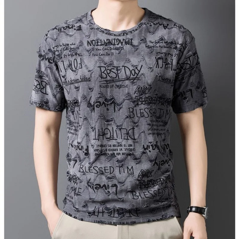 Men's Casual Short Sleeve T-Shirt with Letter Print Round Neck Breathable Cotton Tee for Daily Summer Wear
