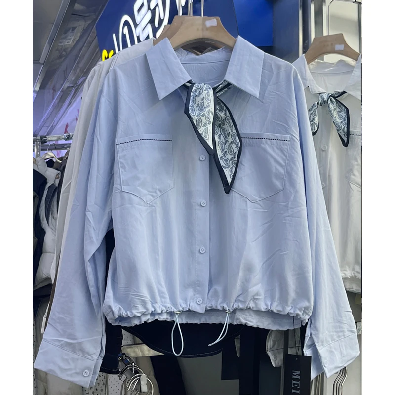 

Elegant Short Collar Shirt Women's Autumn Fashion Design Sense Scarf Drawstring Ladies' Unique Personality Special Top