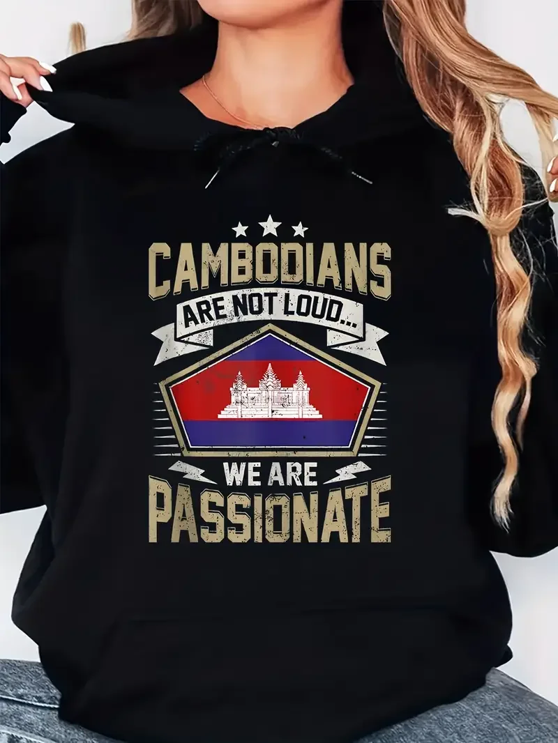 

Plus Size Womens Cambodia Flag Hoodie Cambodians Are Not Loud Design Casual Pullover Sweatshirt With Drawstring Hood Long Sleeve