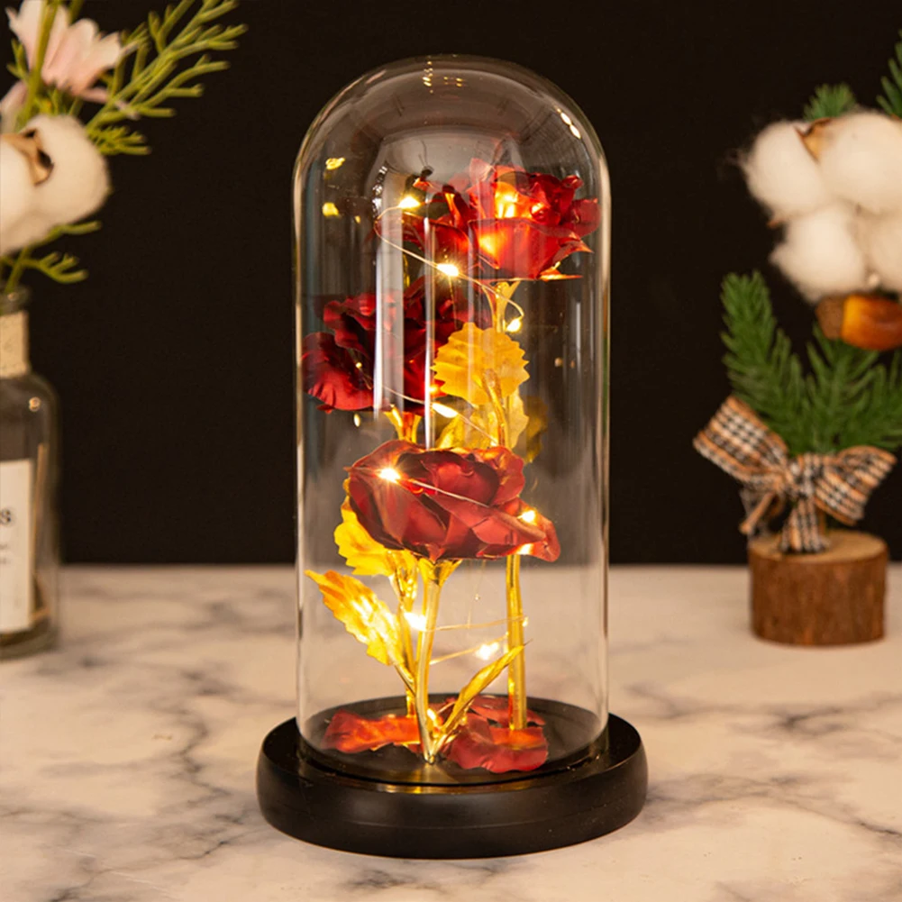 

Artificial Flowers 3 Flowers with Gold Leaf Coastal Glass Roses Bright LED Night Light Creative Valentine's Day Gifts