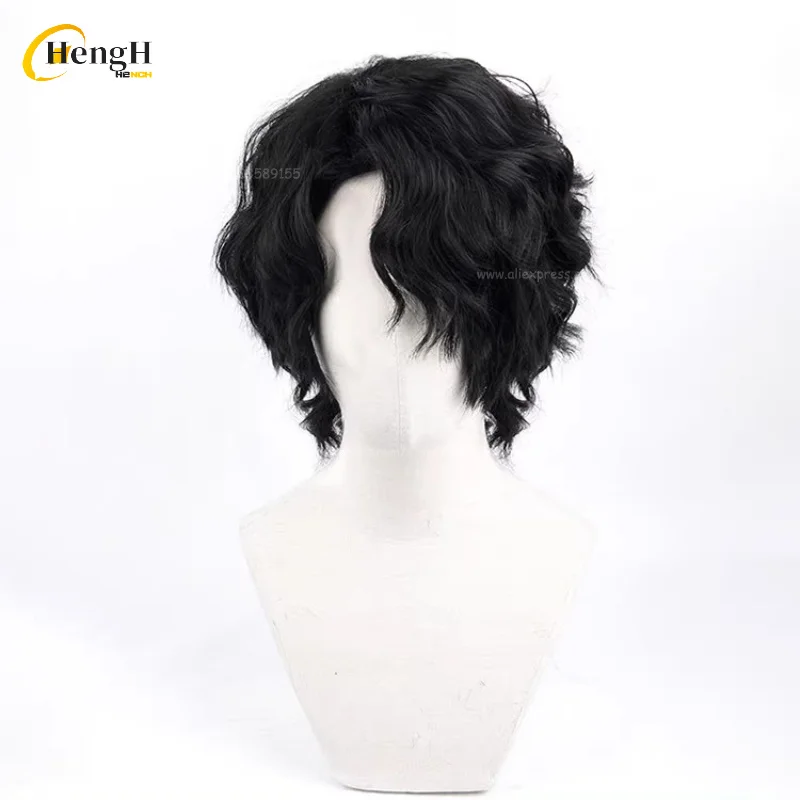 Stok tersedia Wig Anime Sakusa Kiyoomi sintetis 30cm Wig Anime Cosplay keriting hitam Wig pesta Halloween rambut tahan panas + topi Wig