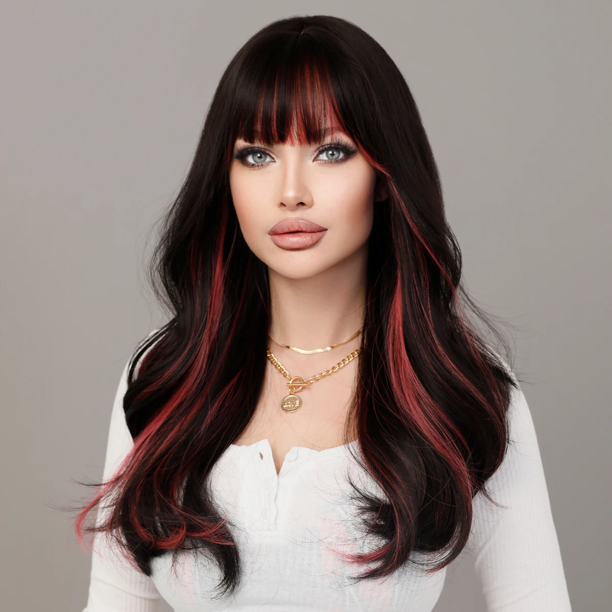 NAMM Long Wavy Highlight Wine Red Wig with Bangs for Women Daily Party New Trend Synthetic Black Curly Wig Heat Resistant Fiber