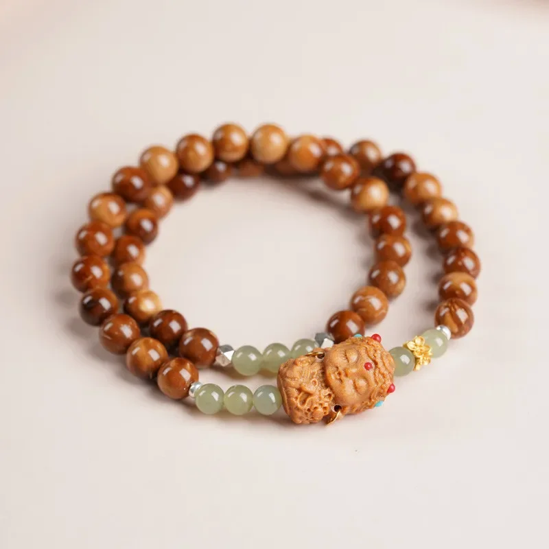 Natural Original Ecology Cook Bodhi Bracelet Warm Hetian Jade Round Beads Sandalwood Carving Cute Tu Mu Guofeng Double Bracelet