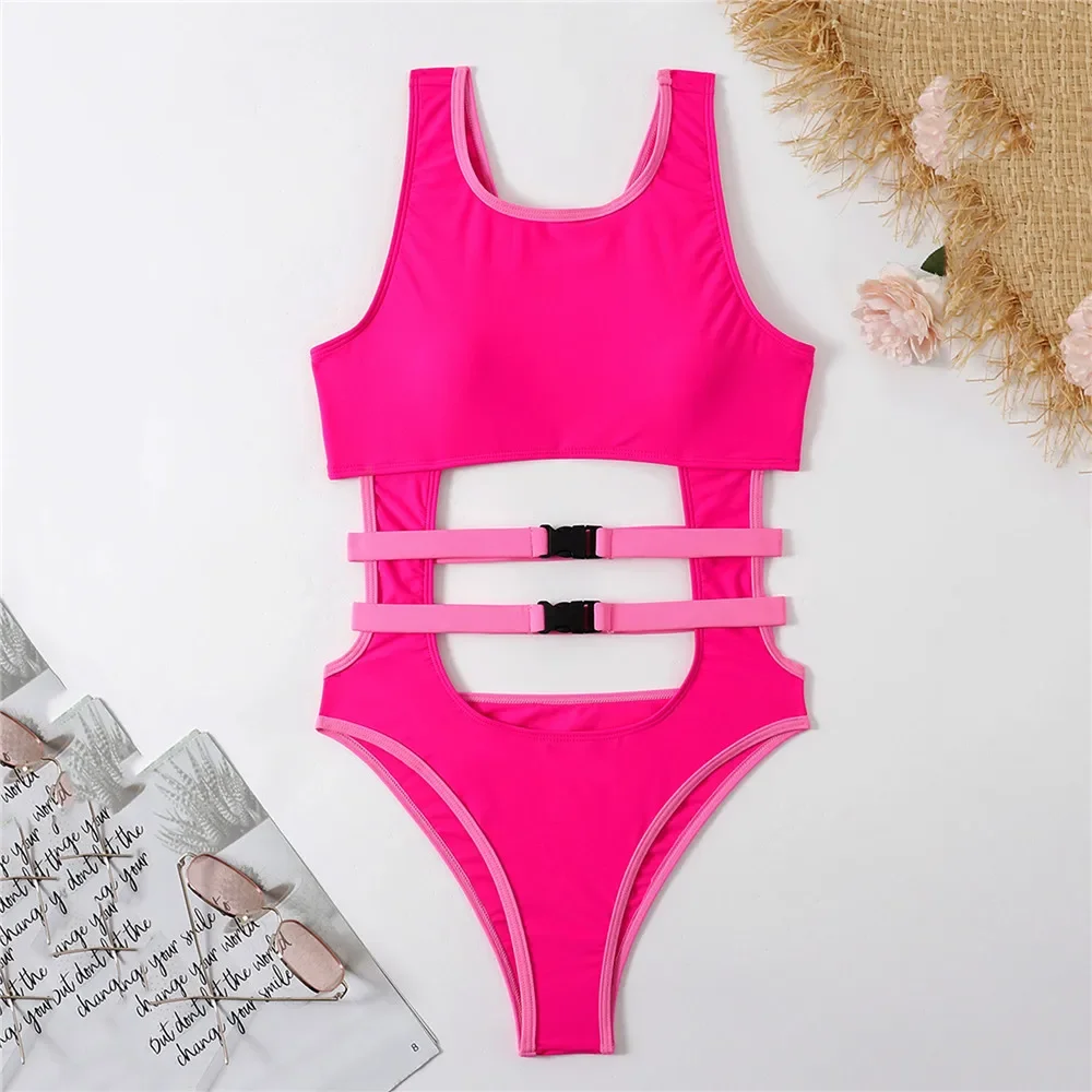 Sexy Rose Red Hollow Out Monokini Swimsuits Woman 2025 One Piece Swimwear Bandage Belt Buckle High Cut Bathing Swimming Suit