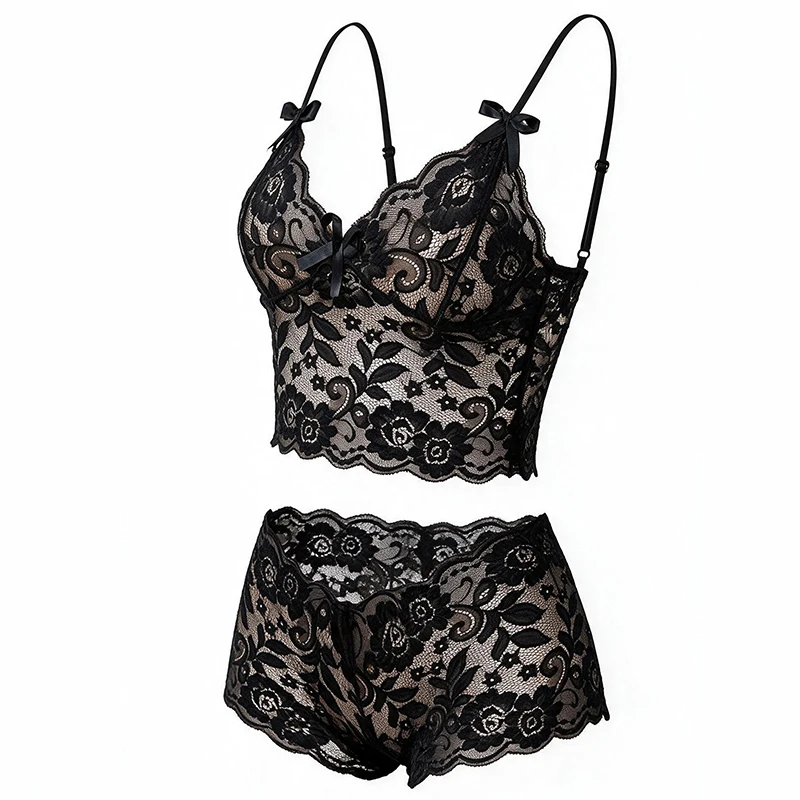 European and American Sexy Lingerie Perspective Lace Suspender Pajamas Adjustable Chest Wrap Three-Point Style Women Sleepwear