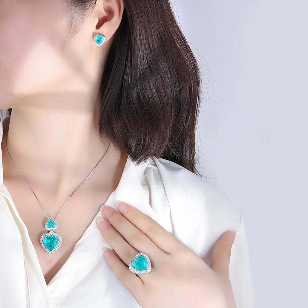 EYIKA Luxury Brazil Green Blue Paraiba Tourmaline Heart Pendant Necklace Ring Earrings Fusion Stone Jewelry Set Gift for Women