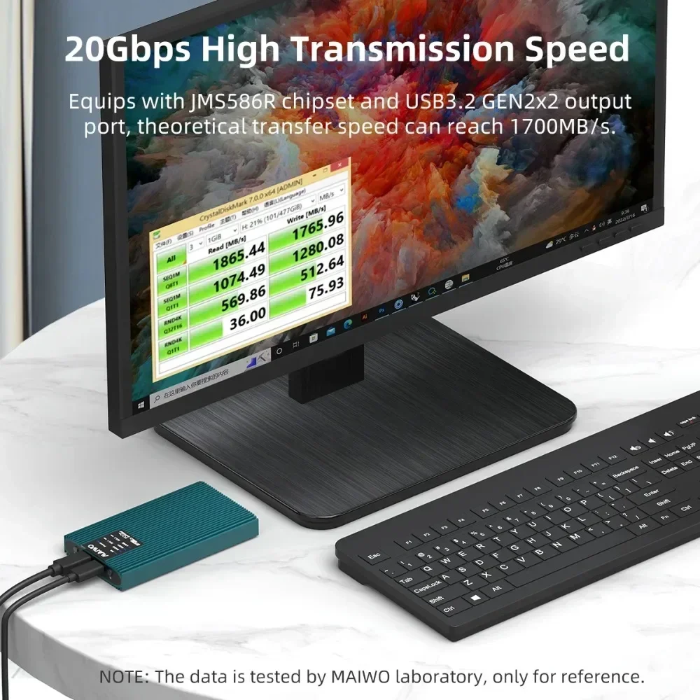 MAIWO Dual Bay Enclosure untuk M.2 NVMe PCIe SSD Enclosure dengan RAID0/1/PM/JBOD USB 3.2 Gen2x2 Type-C 20Gbps Kecepatan Kapasitas 16TB