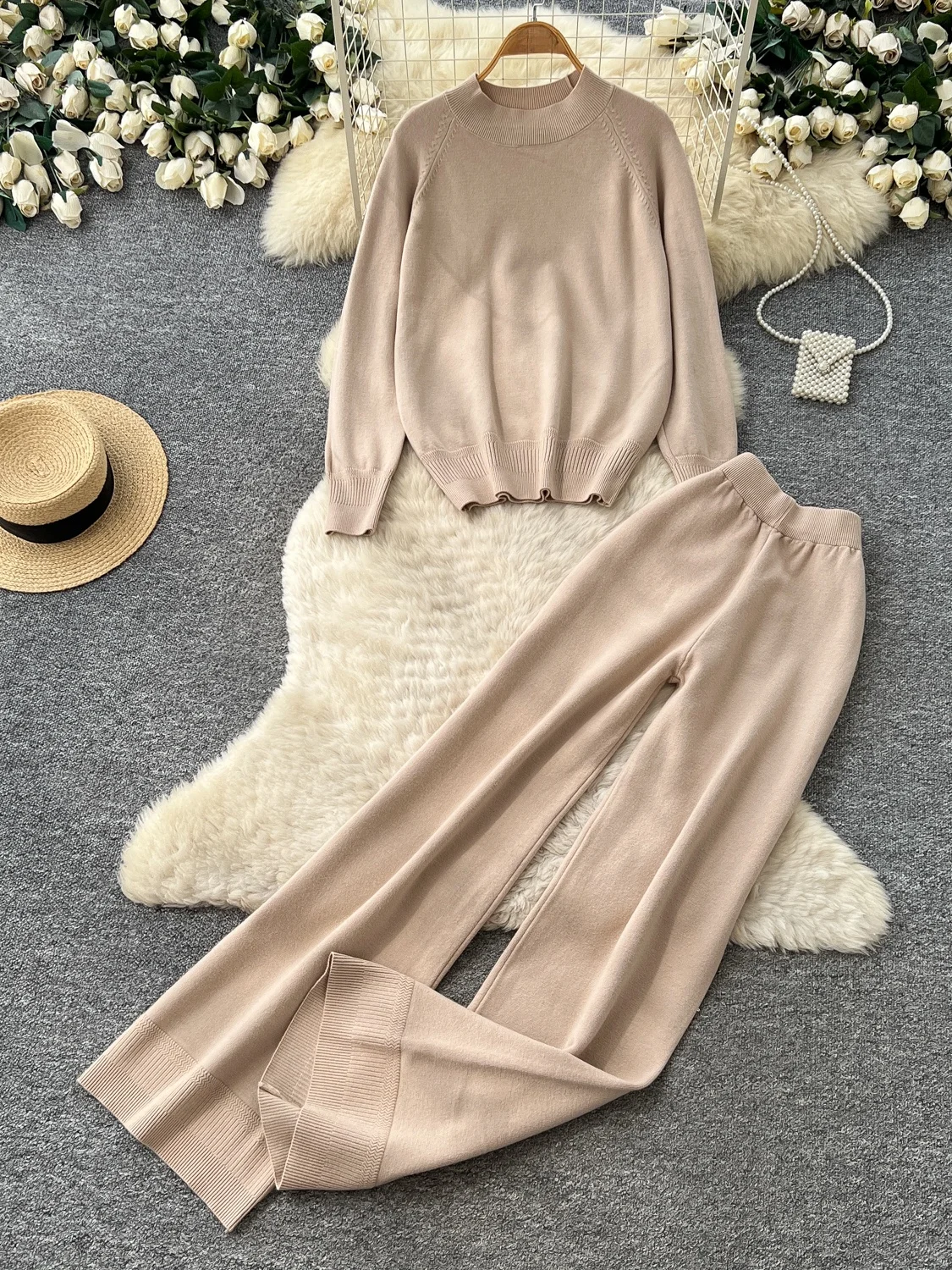 Ladies Knitted Top And Wide Leg Pants Two Piece Set Slimming Commute Style Autumn Fashion Ensemble High Waist Long Sleeve