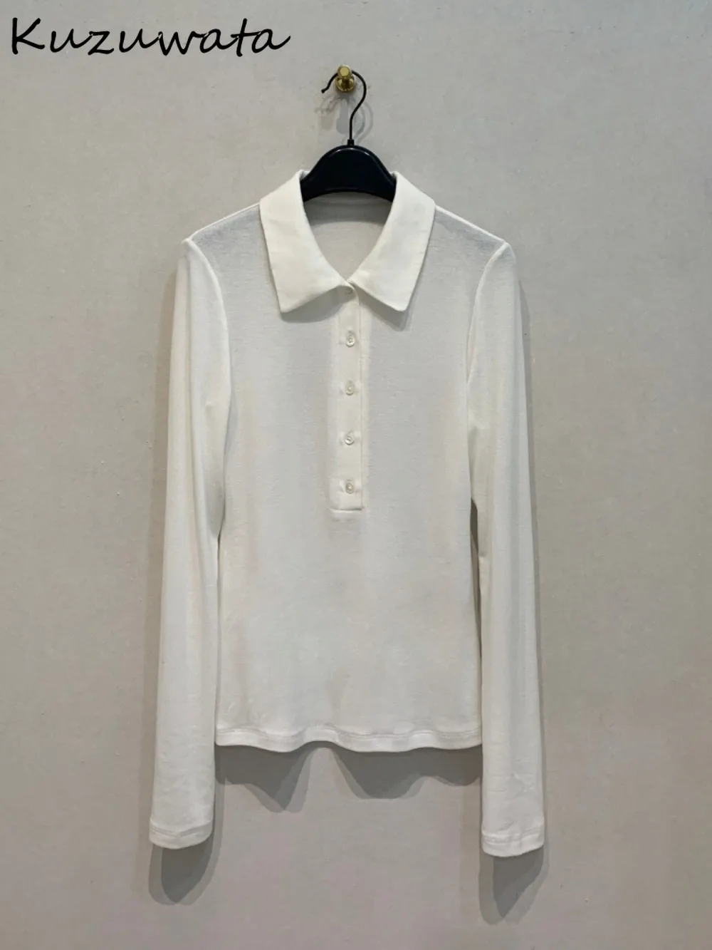 

Kuzuwata Solid Soft Casual Simple T-shirt Moda Vintage Long Sleeve Turn-down Collar Slim Tops Female Japan All-match Fresh Mujer