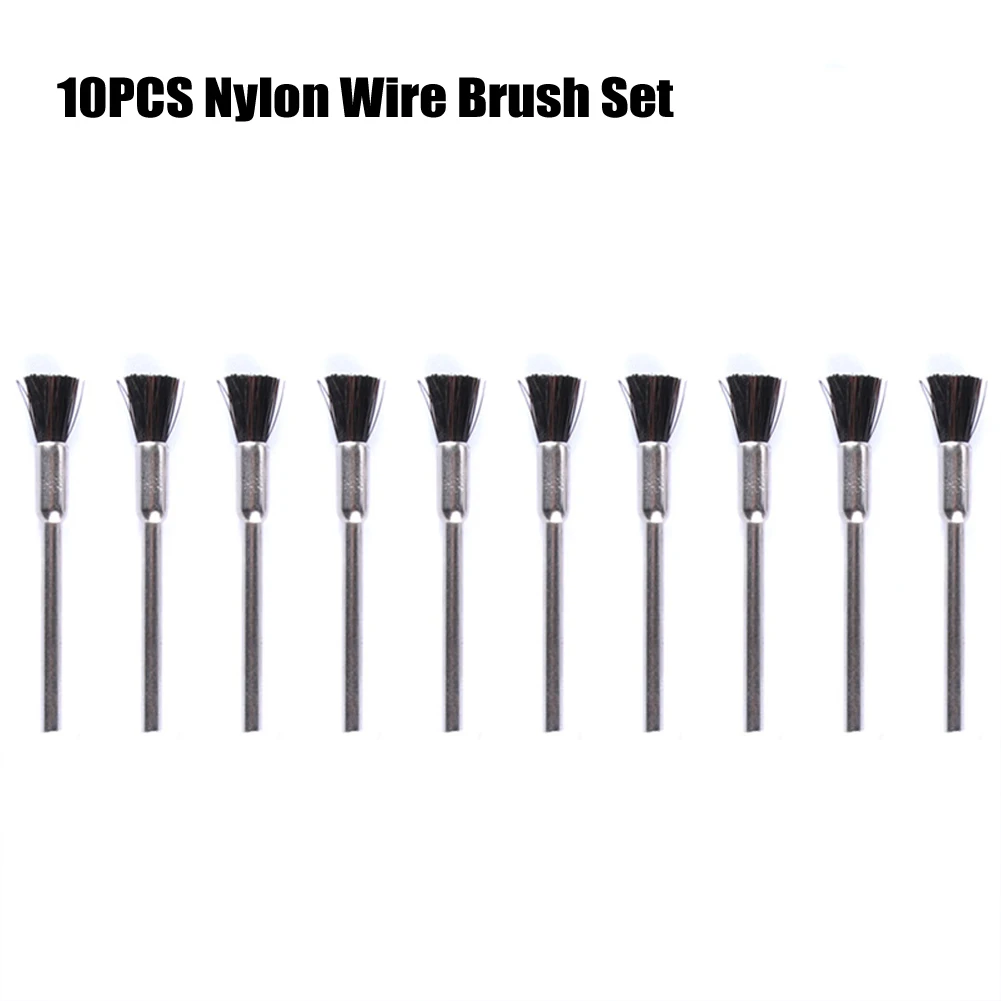 Set of 10 Nylon Wire Brushes with 3mm Shank Abrasive Bits for Polishing Deburring and Rust Removal on For Wood and Metal