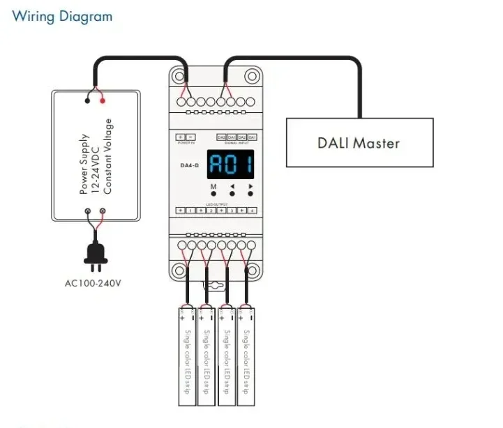 12-24VDC CV DALI Dimmer DA4-D (Din Rail)（DT6) 4CH*5A PMW Dimming 4 x (60-120)W Driver For Single Color RGBW Tape Strip Light