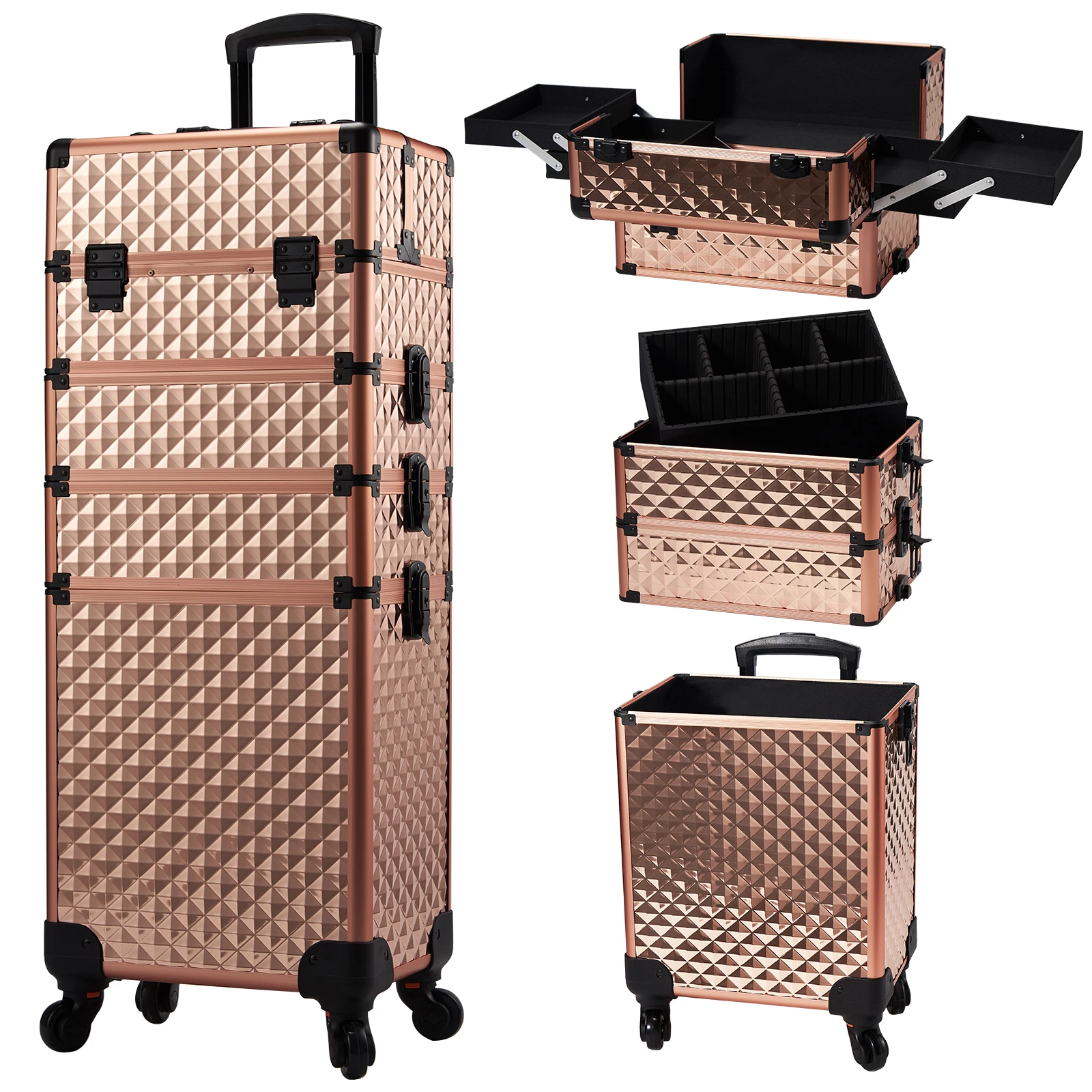 Make-up trolley koffer afneembaar 4-in-1 aluminium trein koffer voor nagelstylist op wielen met slot salon grote capaciteit opbergkoffer