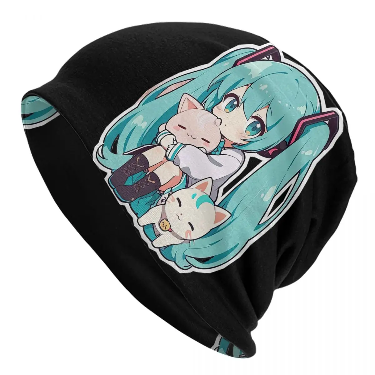 Chibi Hatsune Miku With Cat Plush Warm Knitted Cap Hip Hop Bonnet Hat Autumn Winter Outdoor Beanies Hats for Men Women Adult