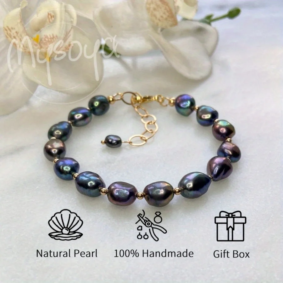 

Браслет MYSOYA из черного барочного пресноводного жемчуга 8-9 мм с подарочной коробкой, подарок для него, подарок на день рождения, свадебные украшения