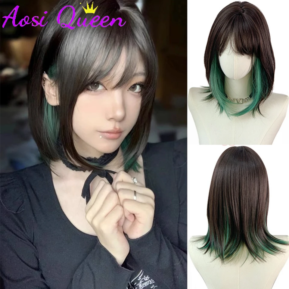 AOSI Women Black Green Ombre Cosplay Short Straight Synthetic Wig Wolf Tail Mullet Head with Bangs Wig for Daily Party