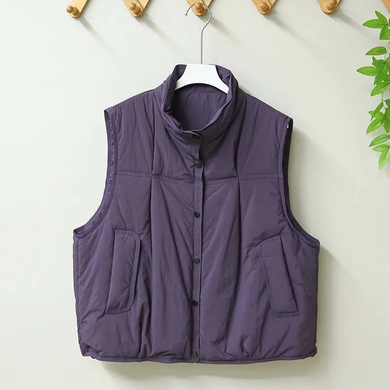 Autumn Winter Women Standing Collar Light Weight Sleeveless Cotton Coat Vest 2026 New Single-breasted Pocket Decoration Tank Top