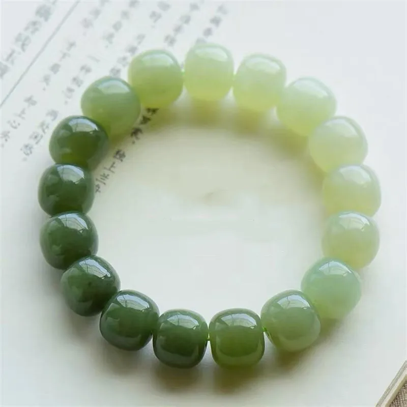 Xinjiang Hetian Jade Green White Lake Water Green Gradient Old Pearl Bracelet  for Men and Women