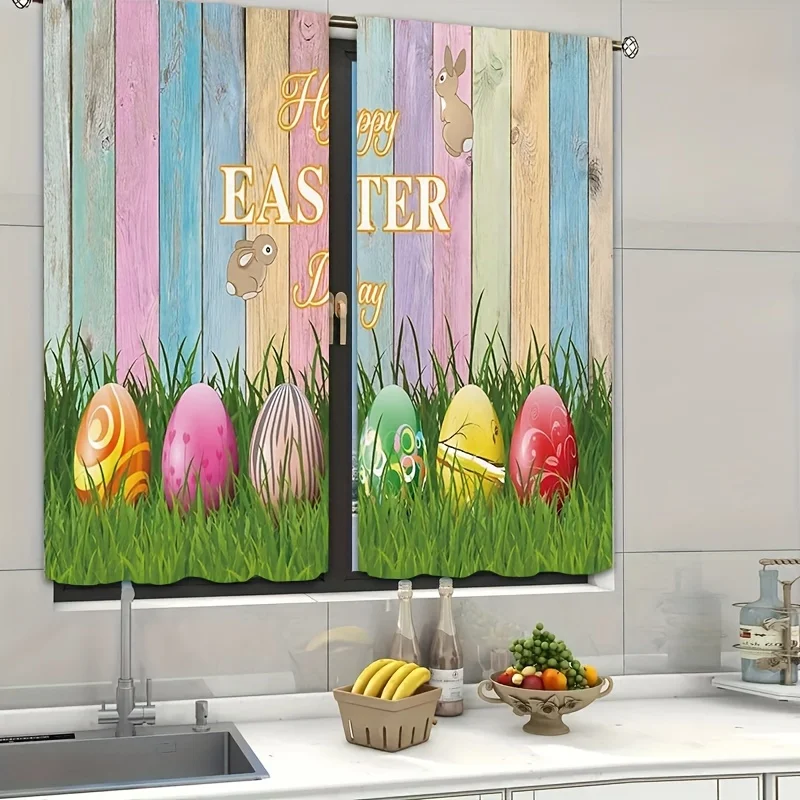 2pcs Wood Grain Easter Egg Bunny Print Curtains Bedroom Living Room Dining Room Holiday Decorative Curtains Kids Gifts