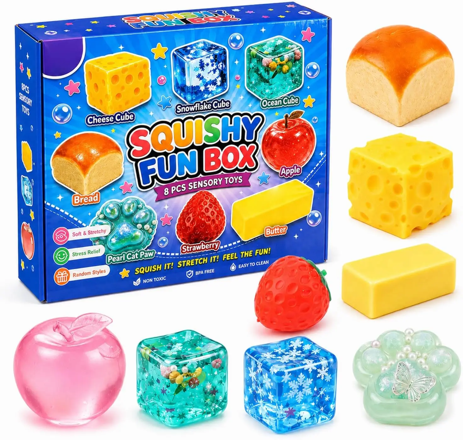 8 pièces, coffret surprise amusant Squishy Box, Squishies créatifs à retour lent au goût de malt et de sucre, coffret de compression amusant, décoration de bureau anti-stress, cadeau de fête