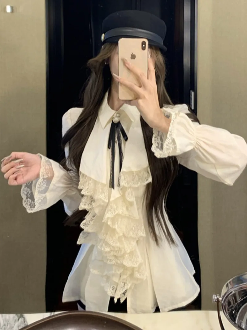 

Ele Collar Lace Splice Hem irt Women's Autumn High Waist Design Sense Gathered Waist Top Ladylike Court Sle