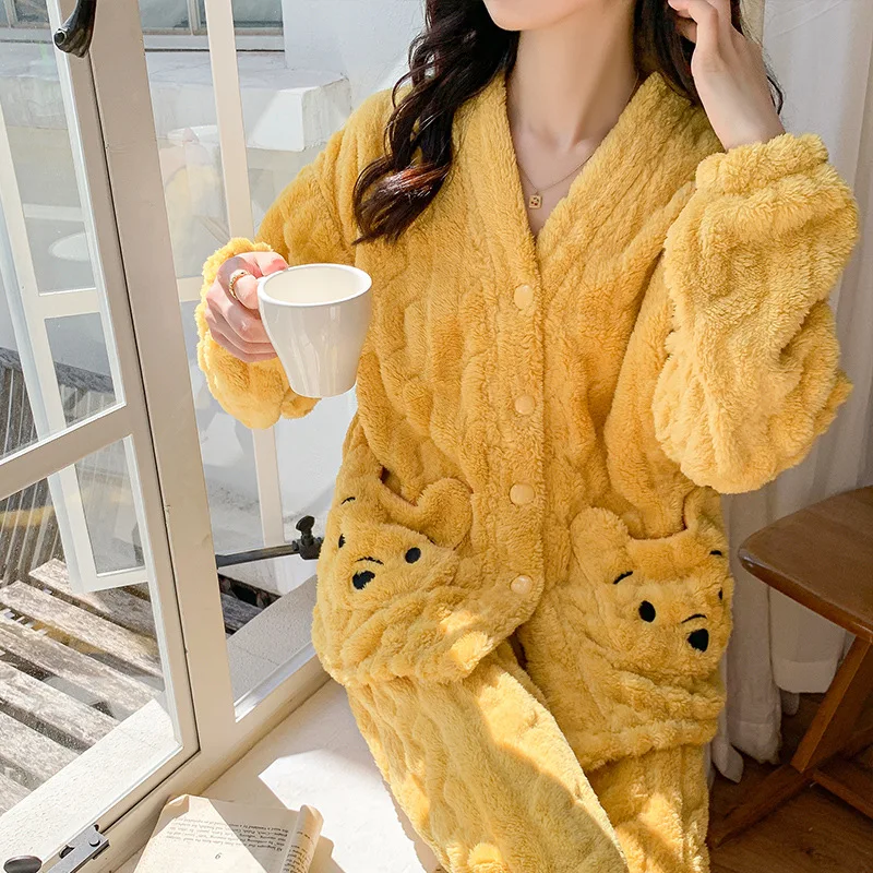 

Disney Pooh Bear Pajamas Set Girls Winter Thick Cartoon Winnie Pooh Nightclothes Home Clothes Fleece Comfortable Sleepwear