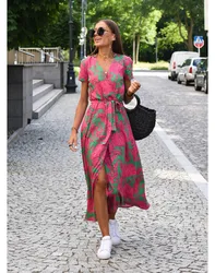 Women Floral Print Long Dresses Summer Sexy V Neck Split Lace-up Dress Female Casual Elegant Short Sleeve Beach Dress Vestidos