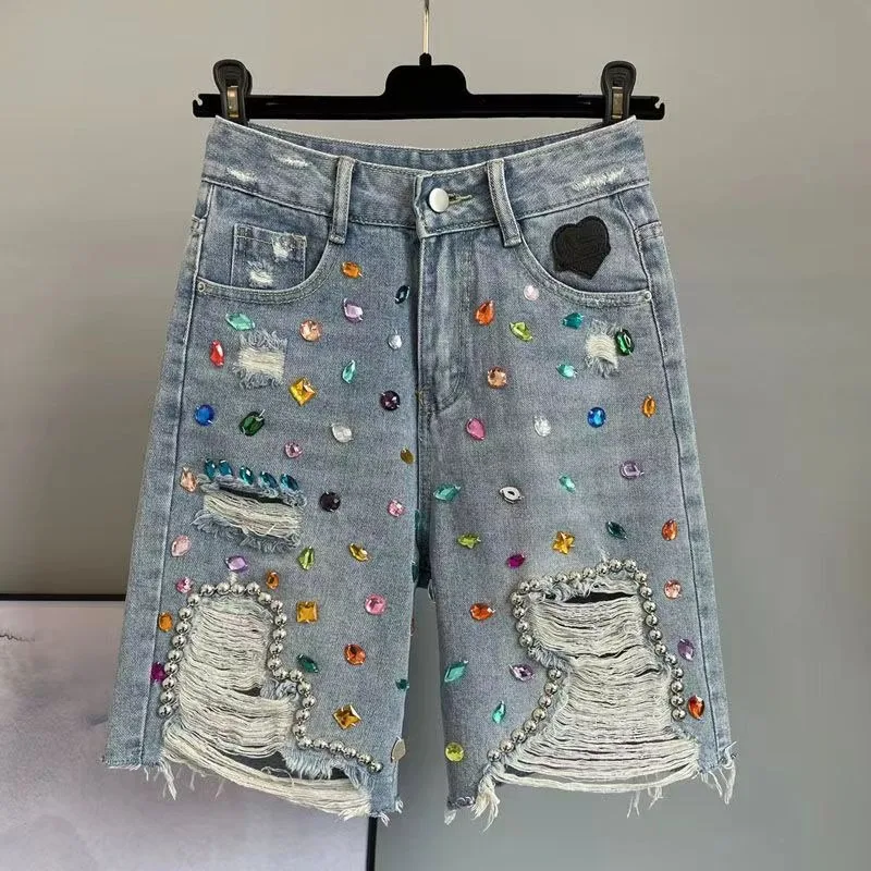 Personalized and Trendy Colorful Diamond-encrusted Ripped Denim Capri Pants Summer 2026 High-waisted Loose Breeches for Women