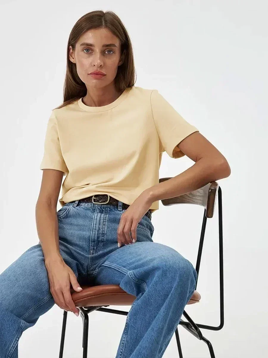 Summer 100% Cotton Women's T-shirt Bottoming Basic Fashionable Solid Lady Short Sleeve Loose Tops Shirts 200g/㎡ Tops