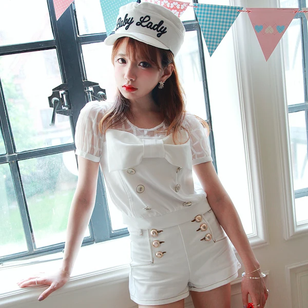 

Princess sweet lolita blouse BoBON21 Original design cute big bowk grid patchwork black white short sleeve chiffon blouse T1243