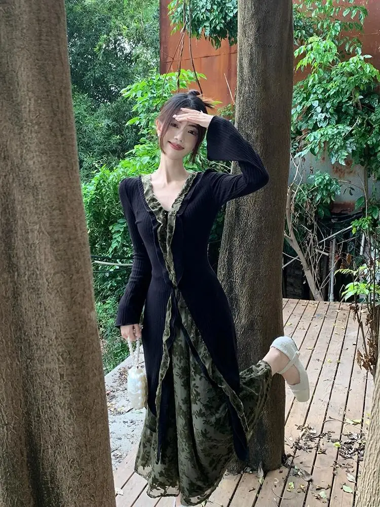 Nieuwe Chinese stijl v-hals vest met lange mouwen dames herfst elastische taille rok tweedelige set