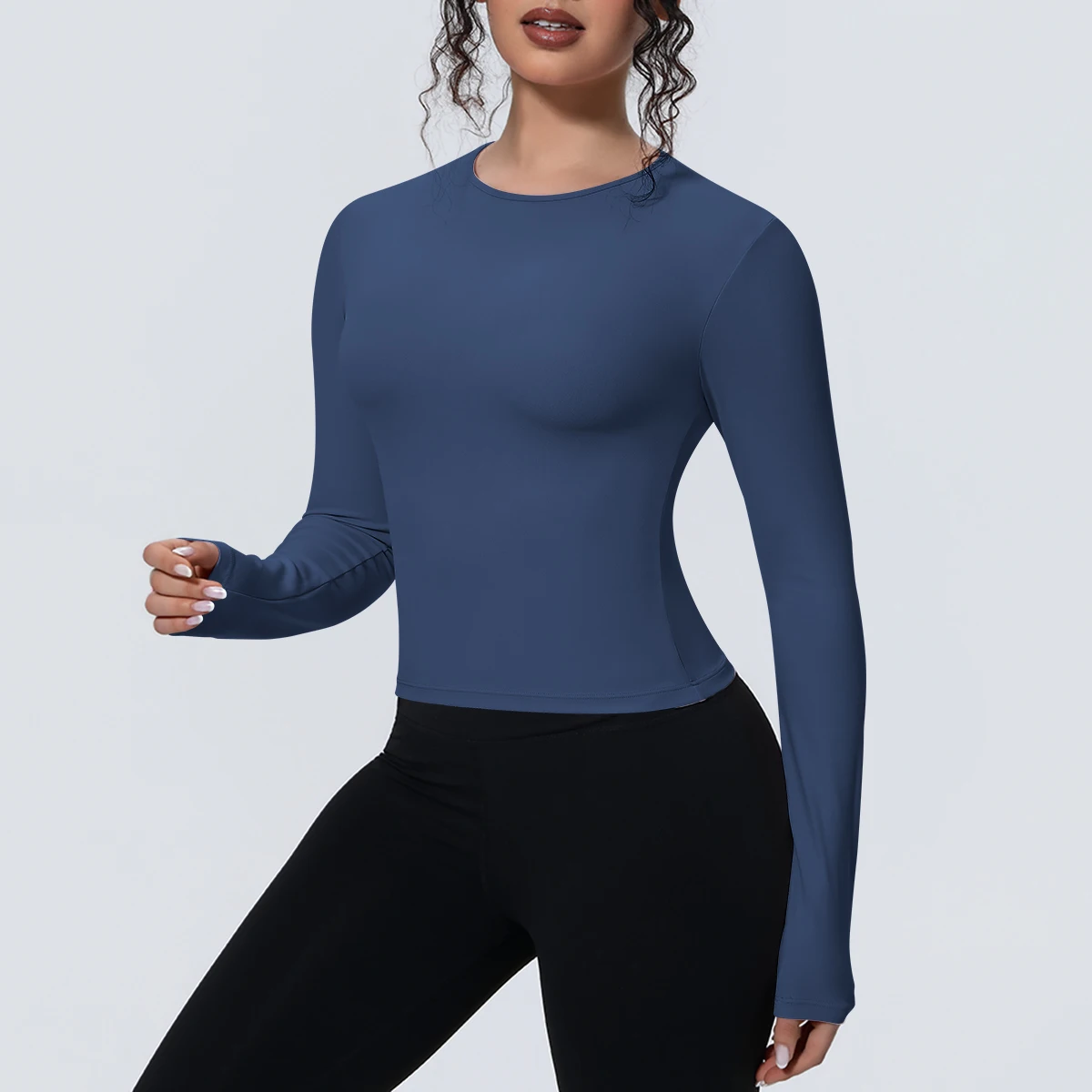 1 Stück Schlankes Casual Sommer Yoga Langarm-Oberteil für Damen, Fitness-Sport-Laufshirt mit Schnelltrocknung, Einfarbiges Trainingsshirt – Detail 25