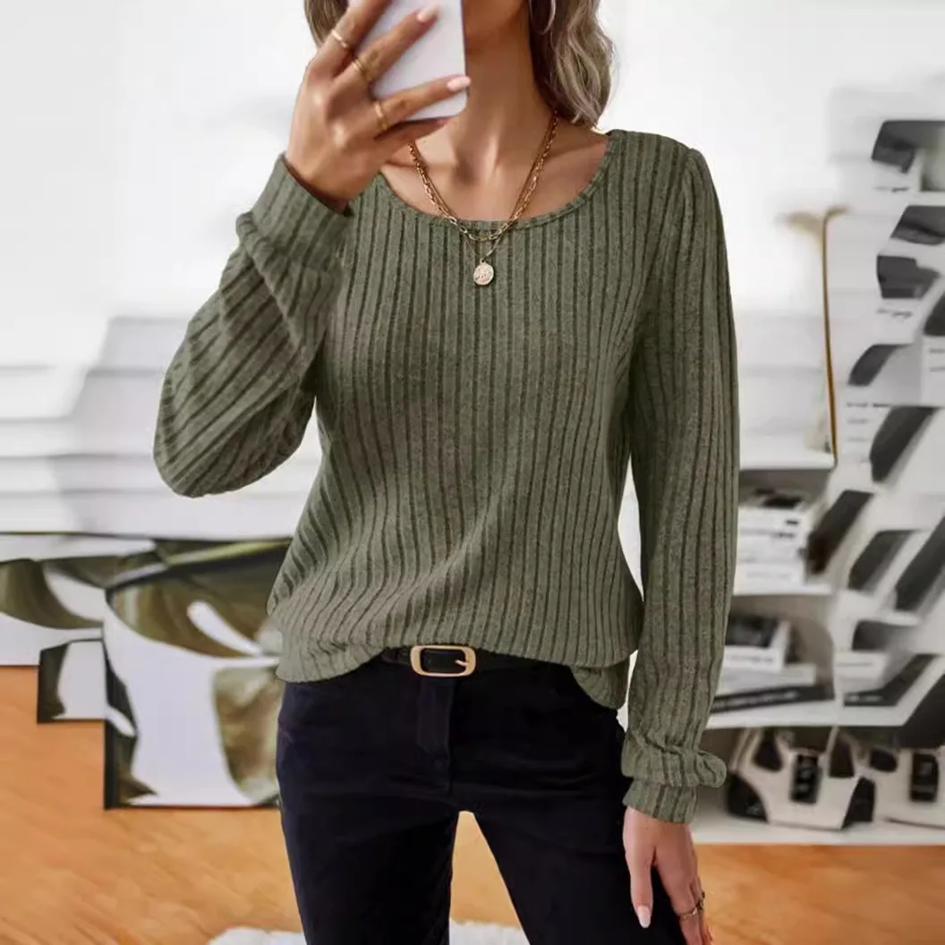 Ladies Autumn Sweater Fashion 2025 New Women's Long Sleeve Casual Loose Vertical Stripe Solid Color Round Neck Pullover Sweater