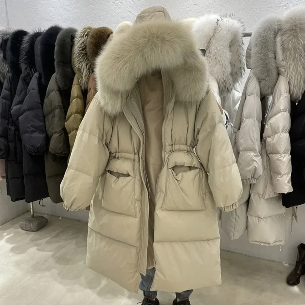 2024 Real Fox Fur Collar Down Jacket Duck Down Coat Warm Female Fluffy Parkas Loose Women Luxury Outerwear Long Puffer Jacket