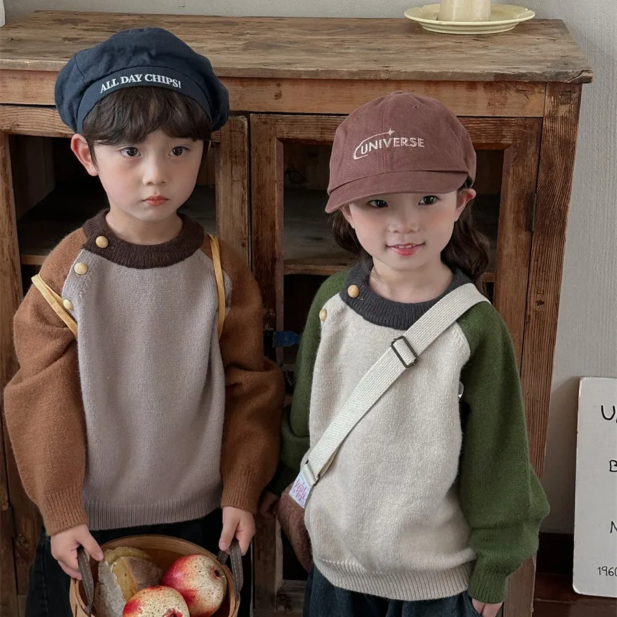 

Kids Sweater Autumn/Winter Color Blocking O-Neck Boys Knitwear Sweaters Warm Loose Childrens Tops Girls Baby Casual Knit Tops