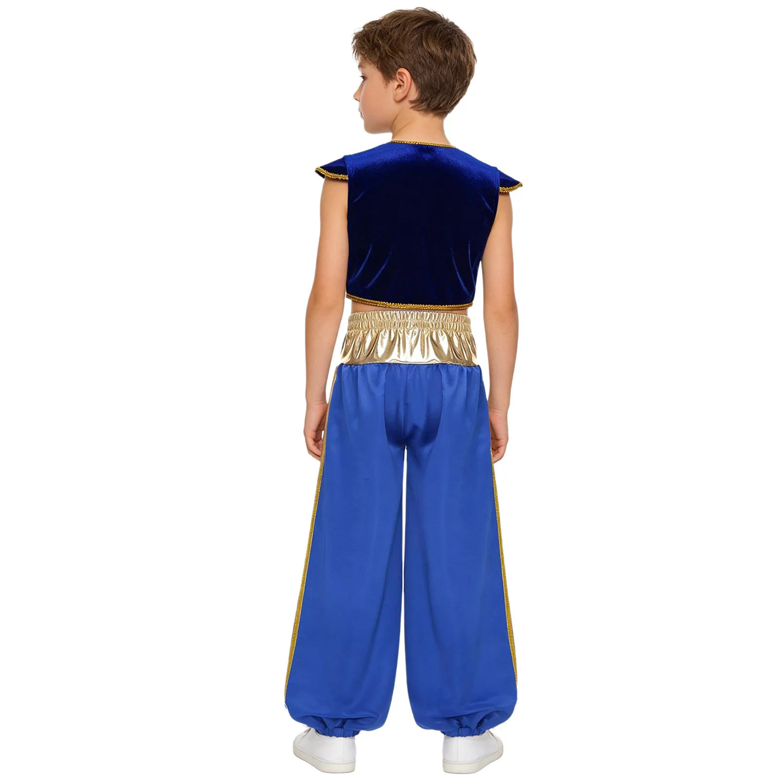 Children Boys Arabian Prince Costume Cap Sleeve Gold Trim Vest Waistcoat with Metallic Bloomers Harem Pants Halloween Carnivals