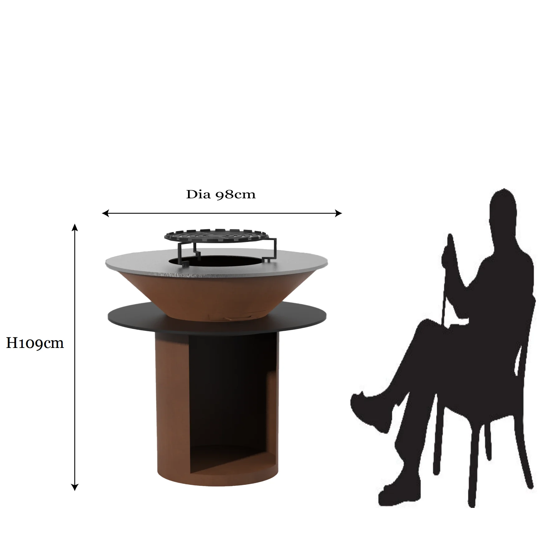 Round Wood Burning Brazier BBQ Grill With Plancha Wood Storage For Outdoor Camping Garden Patio