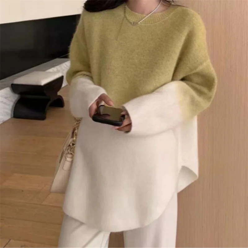 Korean Fashion Gradient Sweater Woman Pullovers Loose O Neck Knitwear Jumper Female Long Sleeve Soft Knit Women Sweater