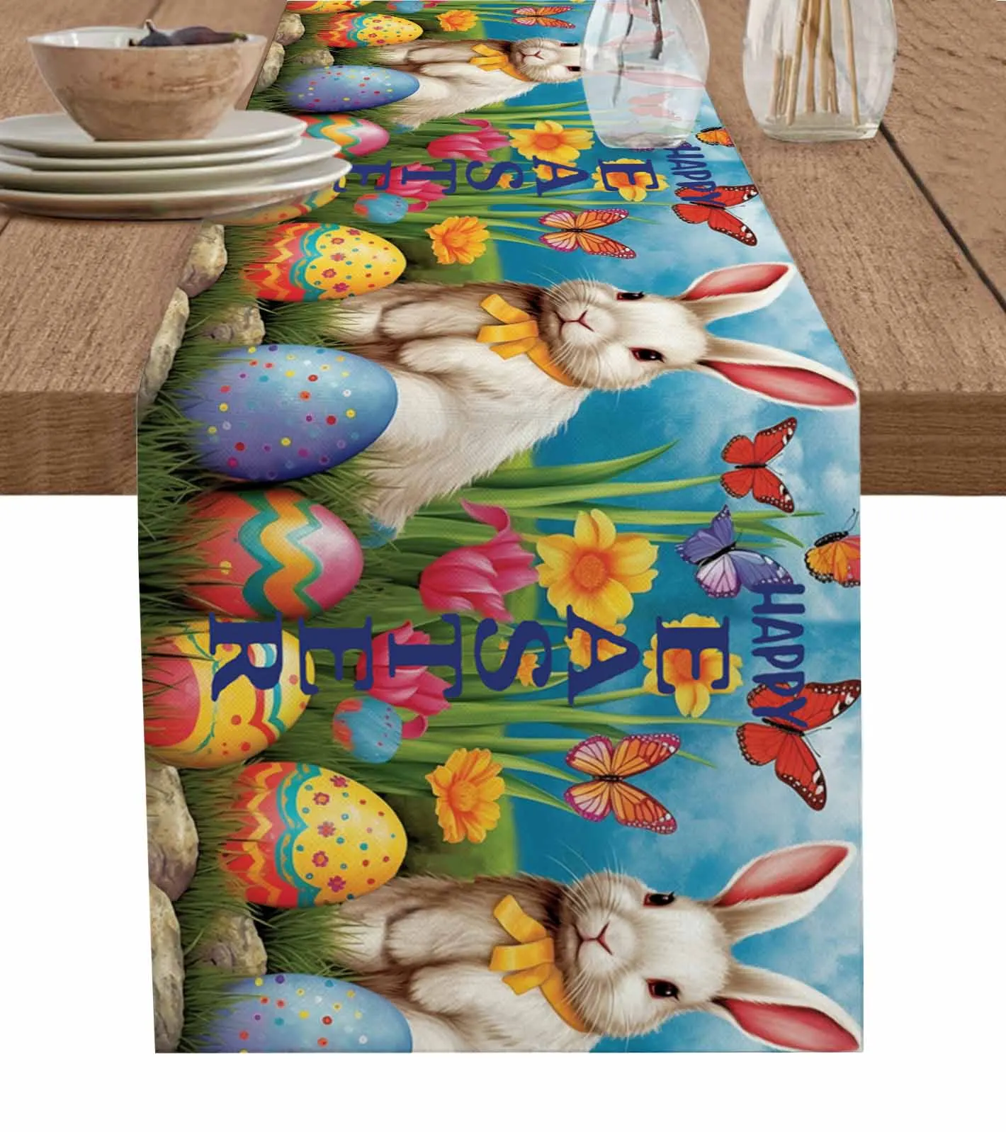 Easter Rabbit Watercolor Flower Table Runner Party Dining Table Cover Cloth Placemat Napkin Home Kitchen Decor