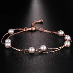 Double Layer Imitation Pearl Beads Charm Bracelets Bangles for Women Rose Gold Color Short Chain on Hand Wedding Jewelry DFH169