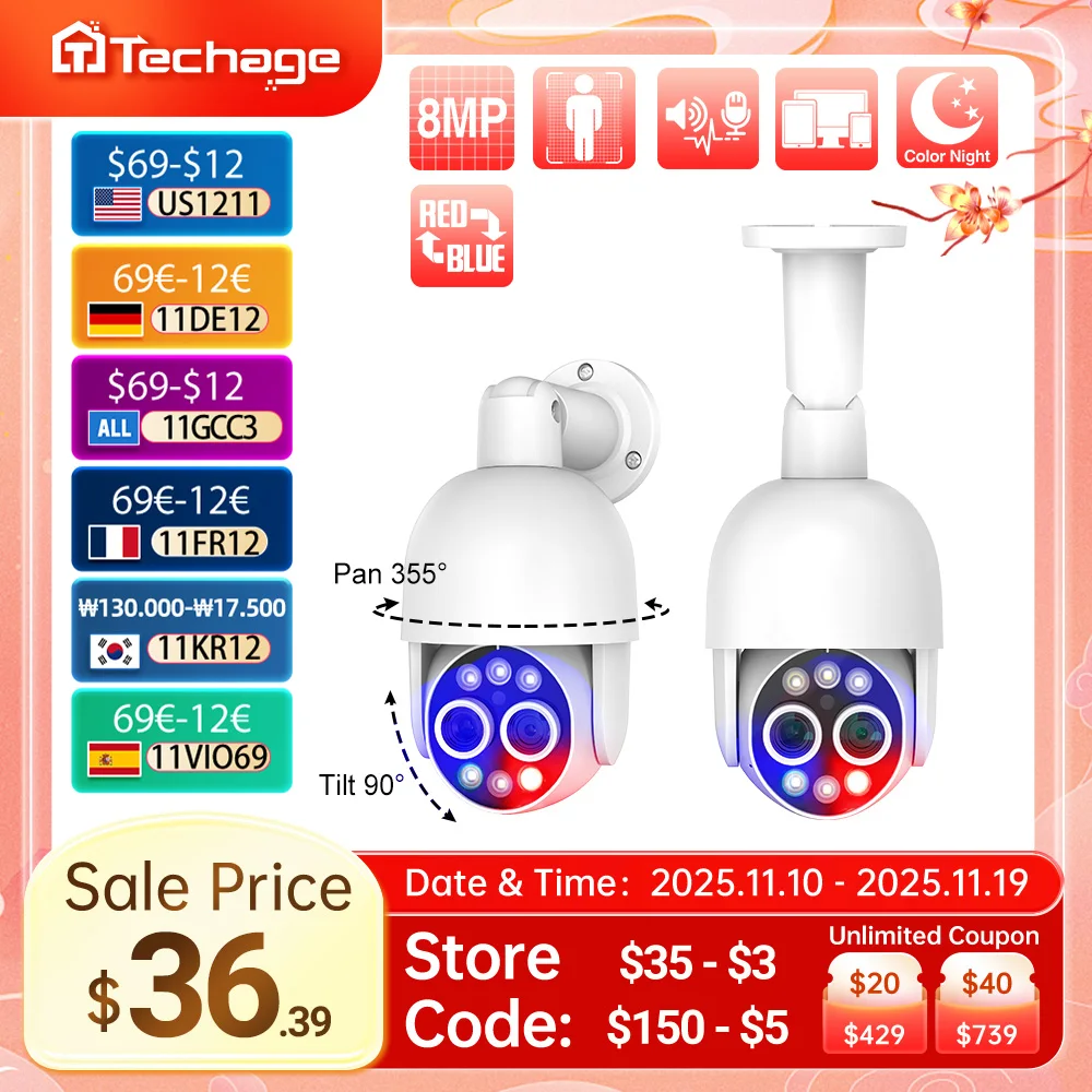 

Techage PTZ 4K 8MP POE Camera 8X Hybrid Zoom 2.8mm 12mm Dual Lens Two Way Audio Color Night Vision Human Detection POE IP Camera